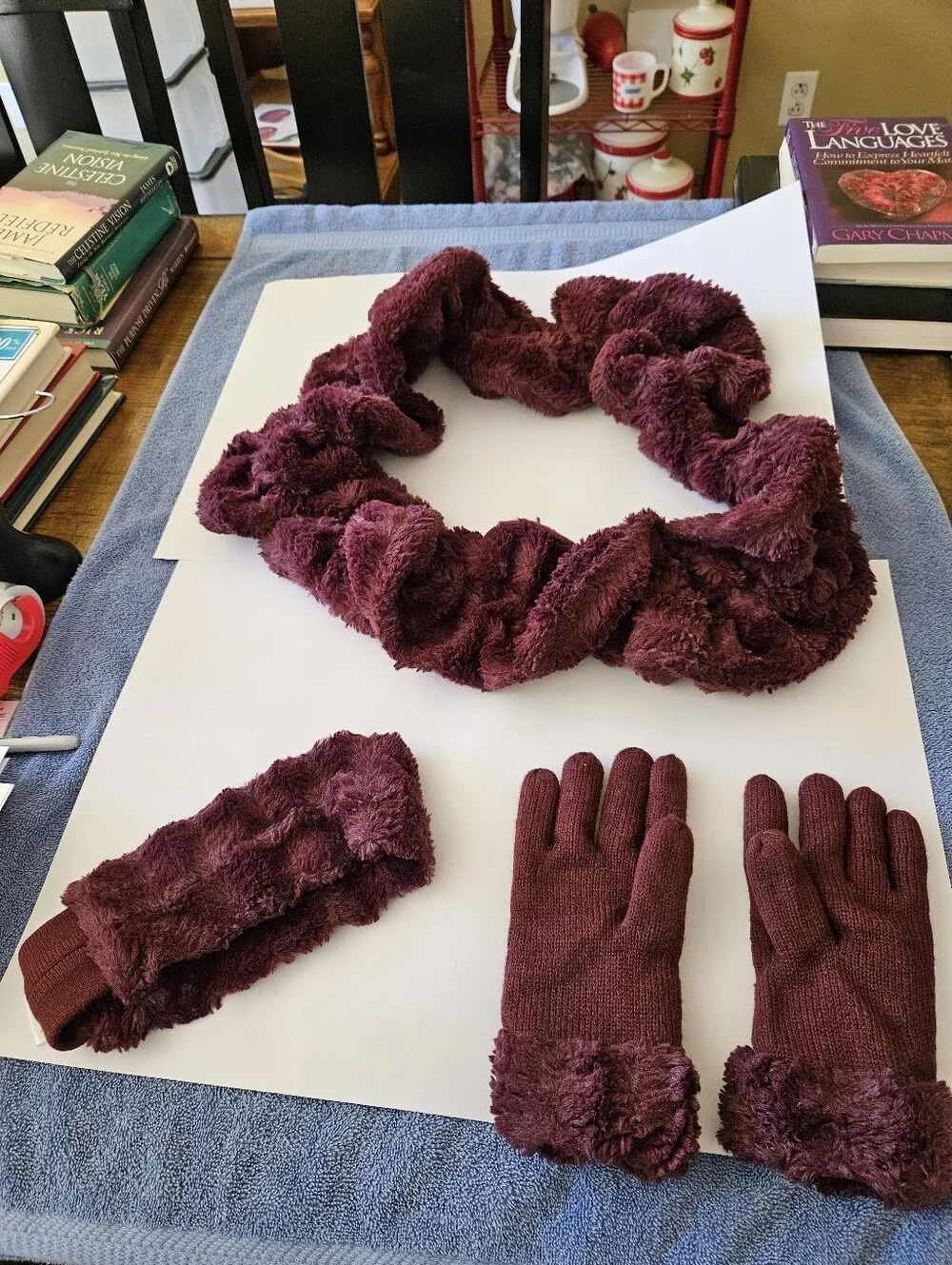 Women's Burgundy Faux-Fur Winter Scarf, Headband & Gloves Set Made By Avon